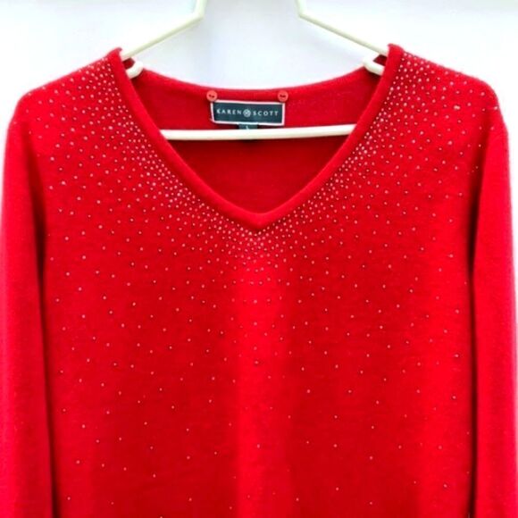 Take 50% OFF- Karen Scott V-neck With Rhinestone Embellished Red Sweater, Size-L - Picture 1 of 5